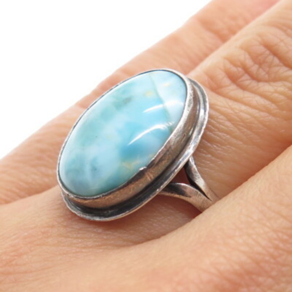 925 Sterling Silver Vintage Real Larimar Oxidized Ring Size 8 - Picture 2 of 8